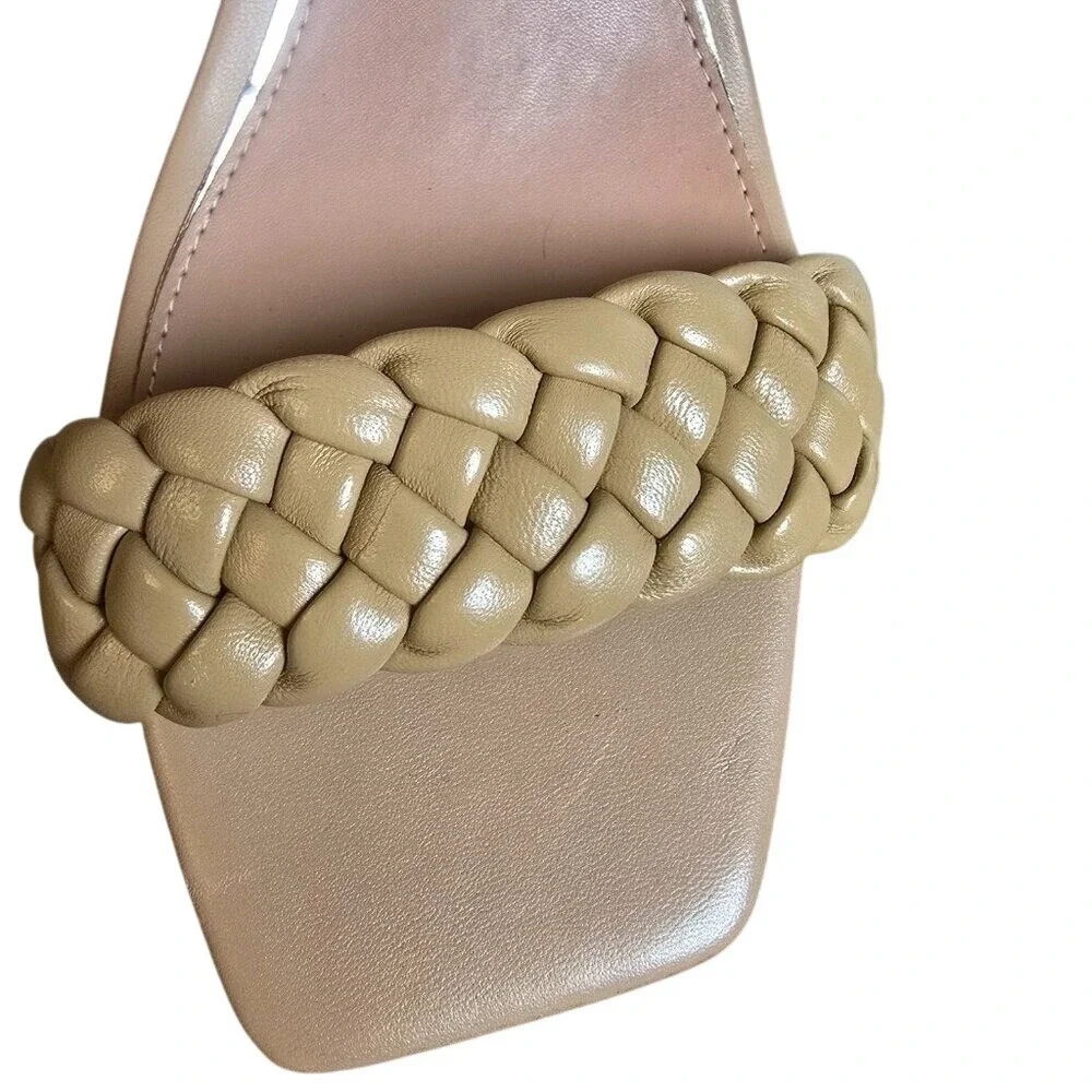 Paolo Women's Beige Braided Strap Square Toe Kitten Heel Sandals Size 8M